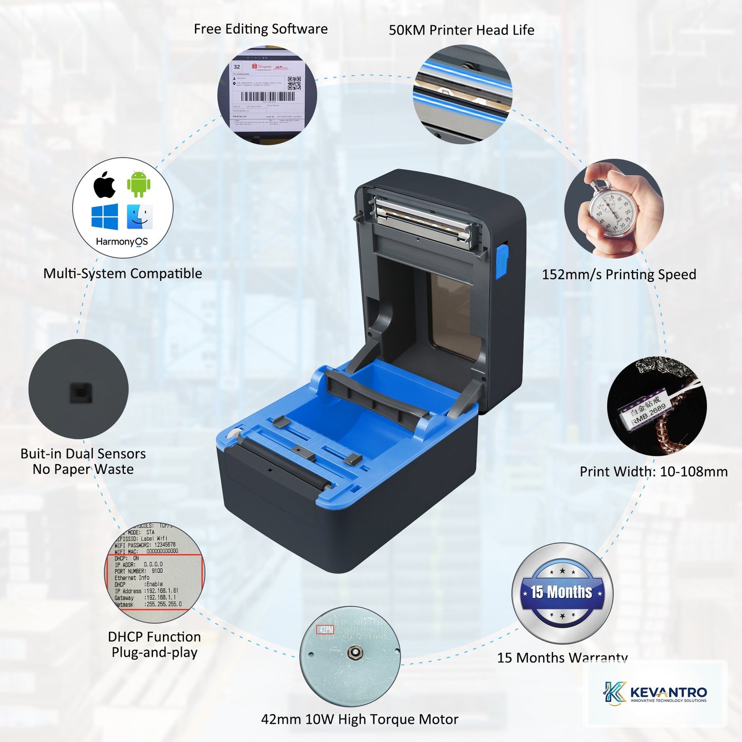 Kevantro KEVLBL-401DT | 4-Inch Thermal Label Printer | 152mm/s | USB Bluetooth WiFi LAN | Shipping Labels Barcodes | TSPL | Compatible with Amazon eBay Shopify Royal Mail
