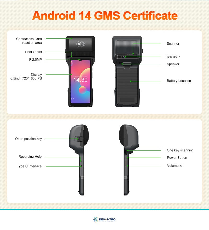 Kevantro KEVPOS-T6 Android 14 Smart Handheld POS Terminal | 6.5" Touchscreen | 80mm Thermal Printer | NFC | 4G | 6400mAh