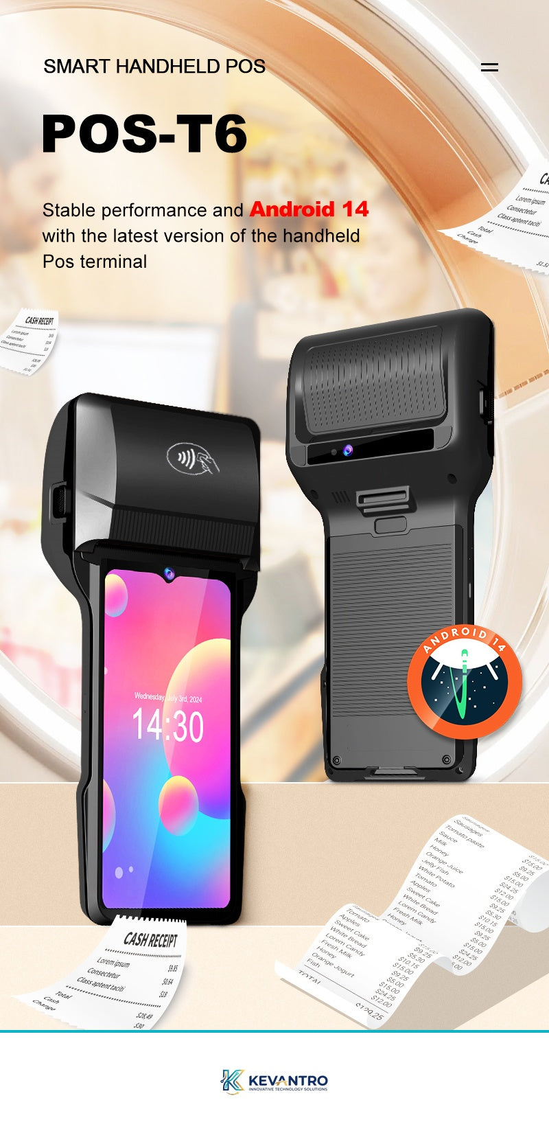 Kevantro KEVPOS-T6 Android 14 Smart Handheld POS Terminal | 6.5" Touchscreen | 80mm Thermal Printer | NFC | 4G | 6400mAh
