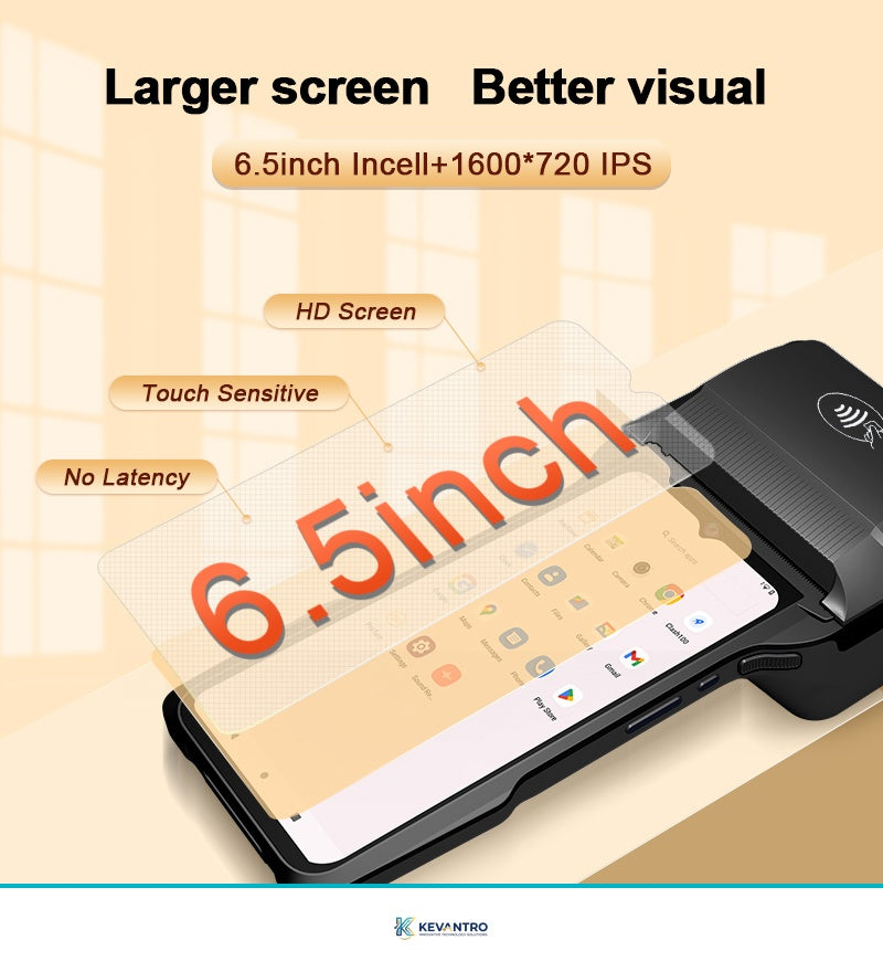 Kevantro KEVPOS-T6 Android 14 Smart Handheld POS Terminal | 6.5" Touchscreen | 80mm Thermal Printer | NFC | 4G | 6400mAh