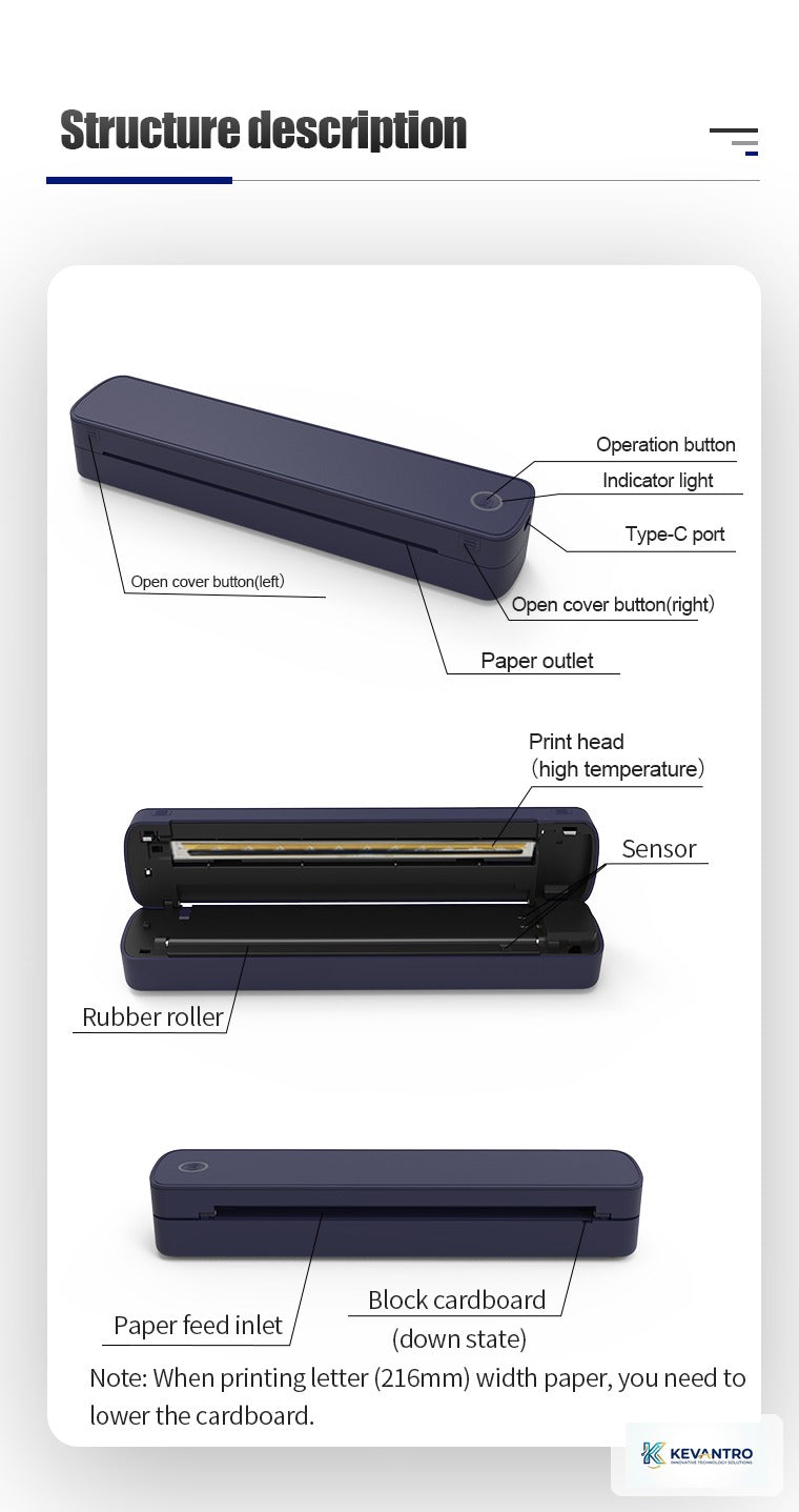 Kevantro KEVPRT-A4BT | A4 Portable Wireless Thermal Printer | Bluetooth | 2600mAh Battery | Ink-Free | Documents & Tattoo Transfer Stencils | iPhone Android Windows Mac
