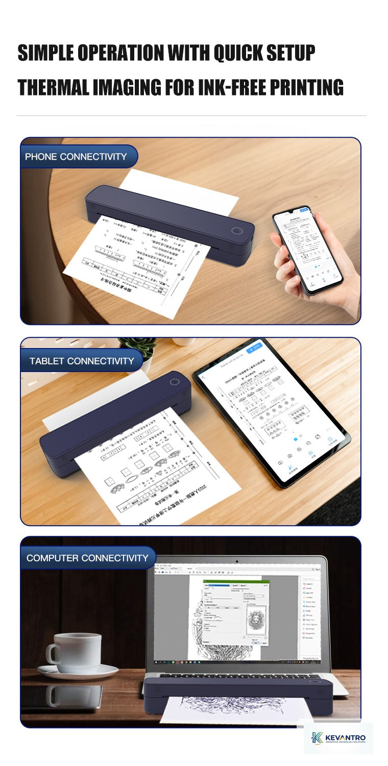 Kevantro KEVPRT-A4BT | A4 Portable Wireless Thermal Printer | Bluetooth | 2600mAh Battery | Ink-Free | Documents & Tattoo Transfer Stencils | iPhone Android Windows Mac