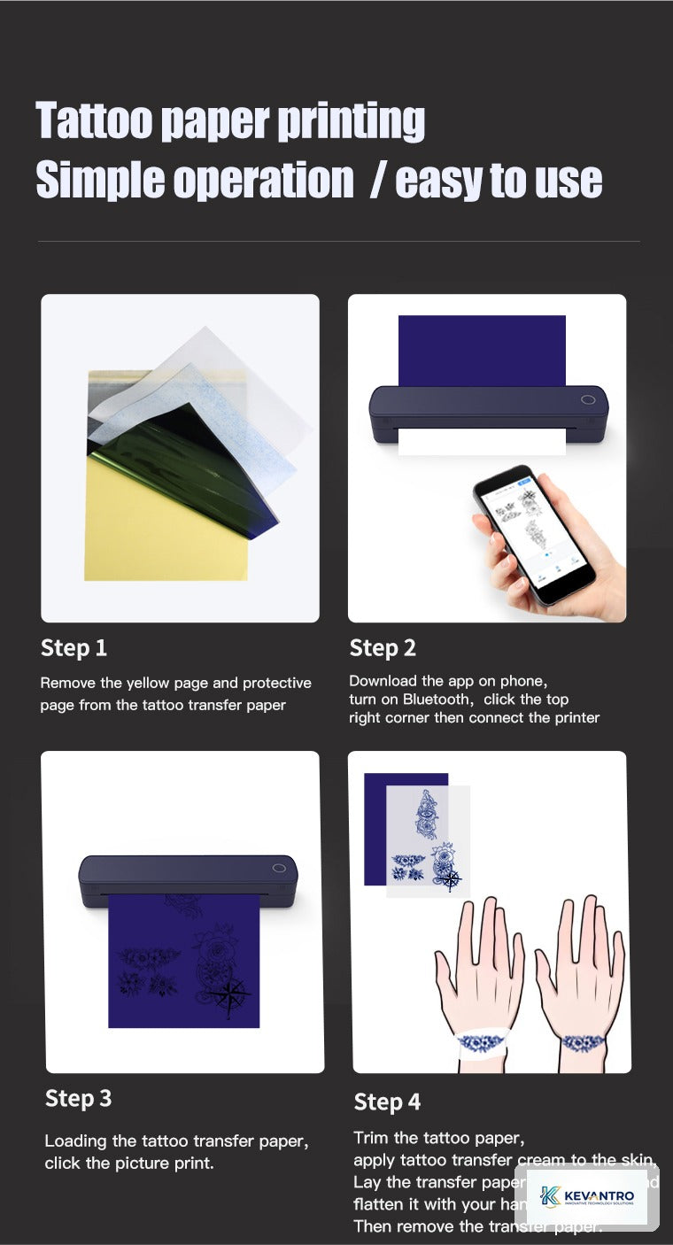 Kevantro KEVPRT-A4BT | A4 Portable Wireless Thermal Printer | Bluetooth | 2600mAh Battery | Ink-Free | Documents & Tattoo Transfer Stencils | iPhone Android Windows Mac