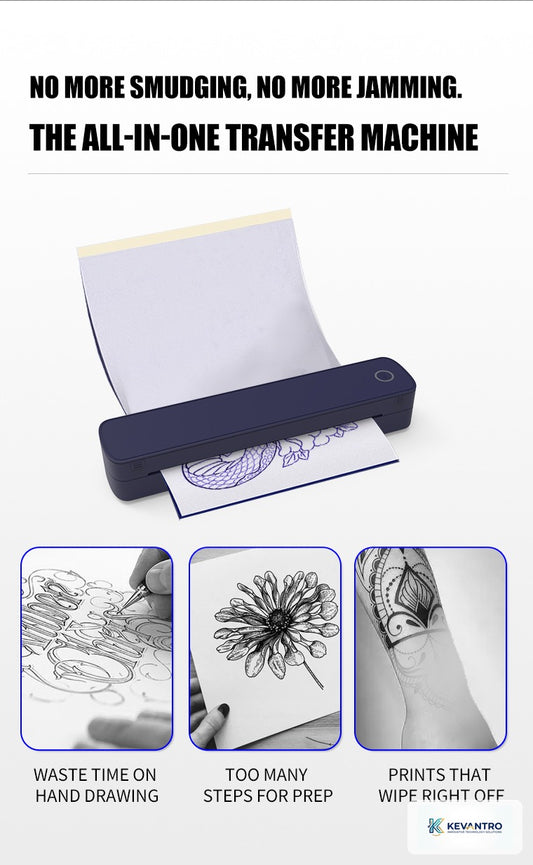Kevantro KEVPRT-A4BT | A4 Portable Wireless Thermal Printer | Bluetooth | 2600mAh Battery | Ink-Free | Documents & Tattoo Transfer Stencils | iPhone Android Windows Mac